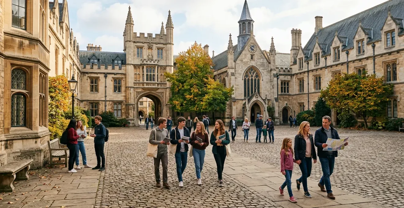 Prospective students walking through historic UK university campus during open day