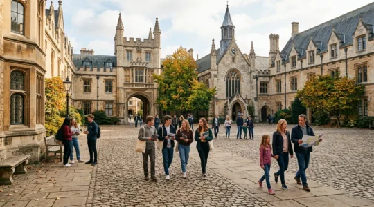 Prospective students walking through historic UK university campus during open day