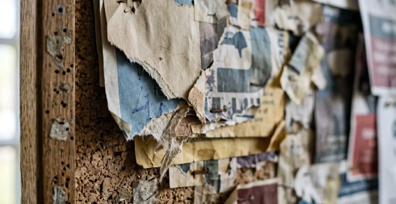 Close-up view of layered flyers and torn posters on university notice board revealing student activity