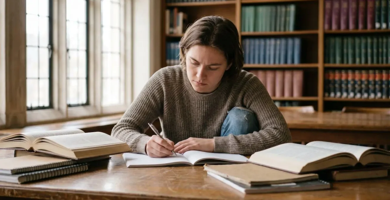Student studying with determination in library setting showing resilience and academic recovery journey