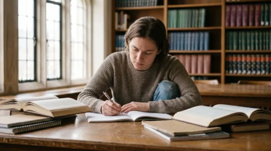 Student studying with determination in library setting showing resilience and academic recovery journey