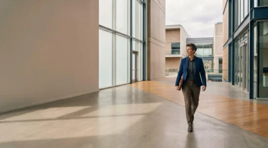 Professional standing at career crossroads symbolizing decade-long industry transition
