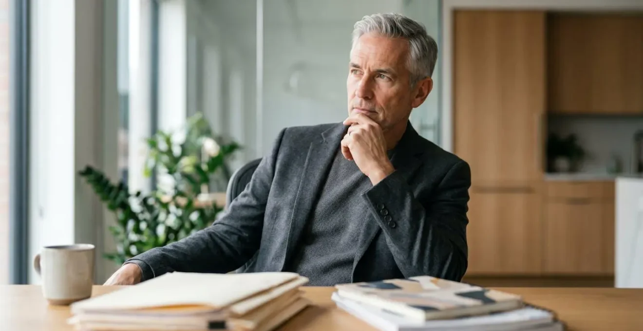 Senior executive reviewing career decision in modern office environment with natural lighting