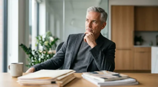 Senior executive reviewing career decision in modern office environment with natural lighting