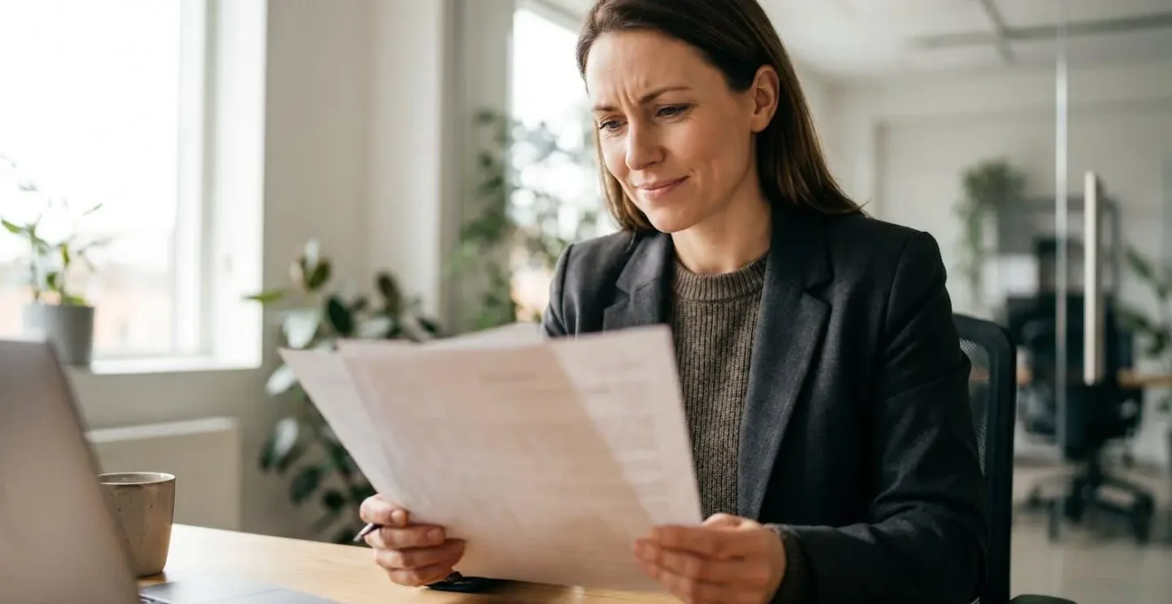 Hiring manager carefully reviewing a graduate CV with focused attention in professional office setting