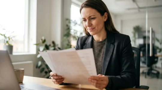 Hiring manager carefully reviewing a graduate CV with focused attention in professional office setting