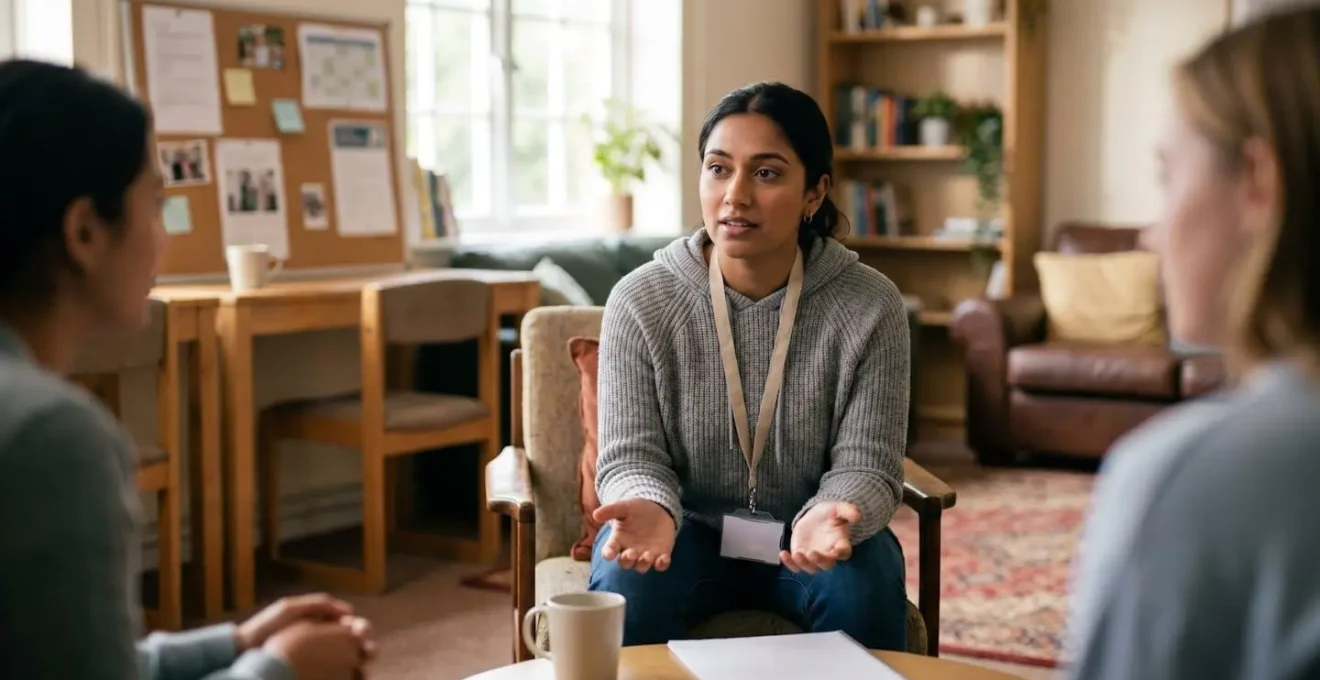 Peer leader facilitating dialogue between students in university residence setting