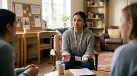 Peer leader facilitating dialogue between students in university residence setting