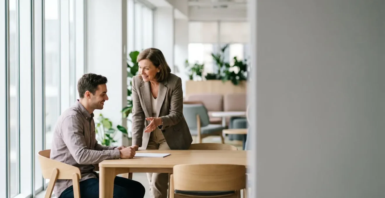 Two professionals engaged in meaningful conversation in a contemporary office setting with natural lighting