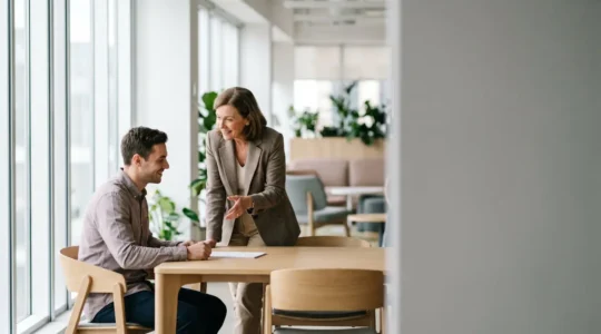 Two professionals engaged in meaningful conversation in a contemporary office setting with natural lighting