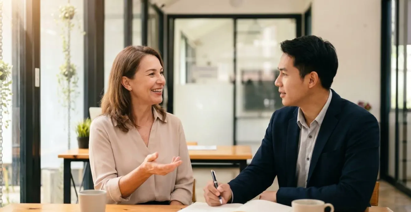 Professional networking scene showing meaningful connection between senior mentor and young professional in modern office environment
