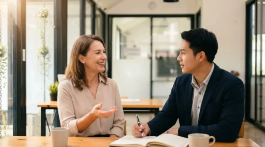 Professional networking scene showing meaningful connection between senior mentor and young professional in modern office environment