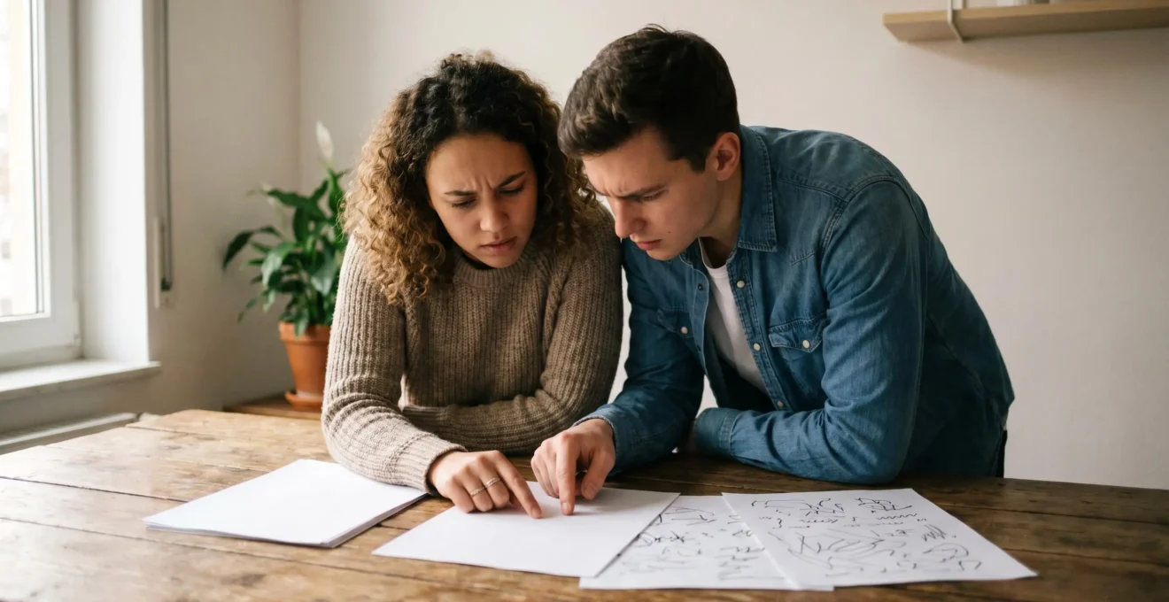 Young adults reviewing rental contract documents with concerned expressions in natural window light