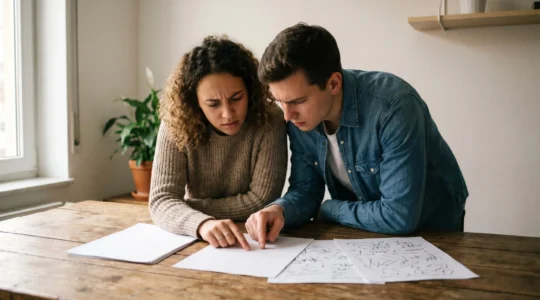 Young adults reviewing rental contract documents with concerned expressions in natural window light