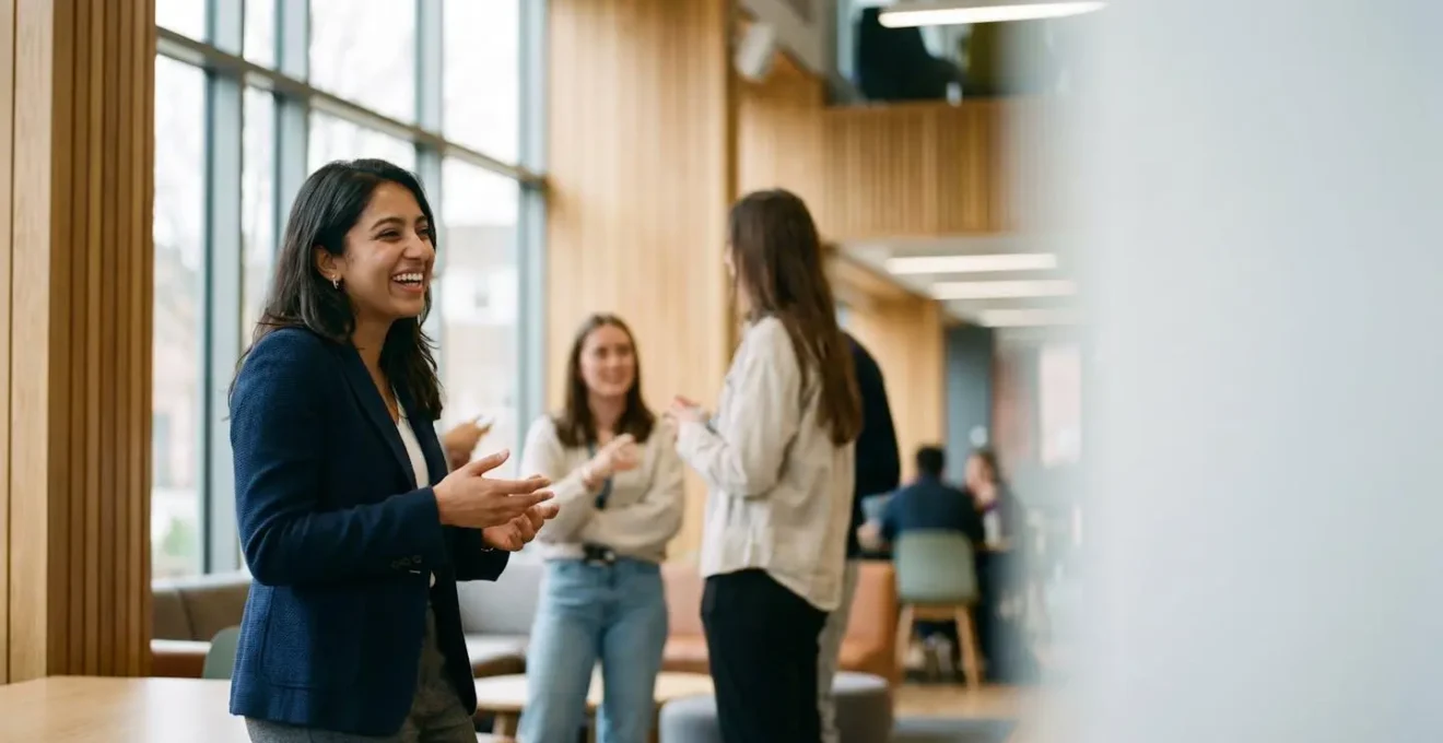 British university student confidently presenting to peers in modern student union building with natural lighting