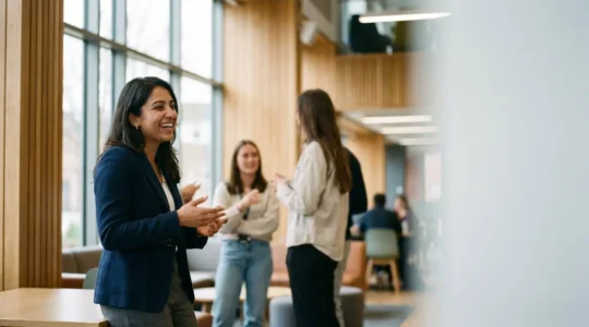 British university student confidently presenting to peers in modern student union building with natural lighting