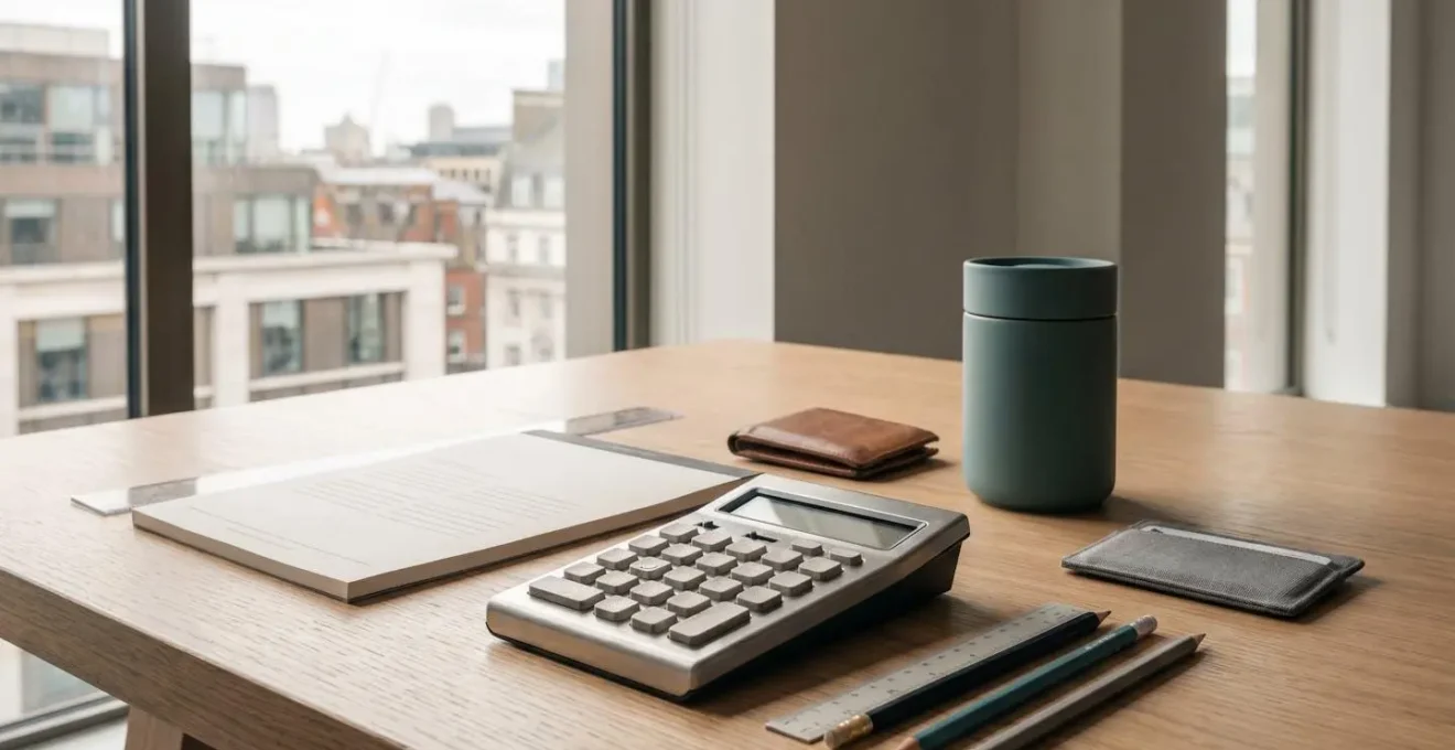 Student budgeting essentials arranged on desk with calculator and financial planning documents in natural lighting
