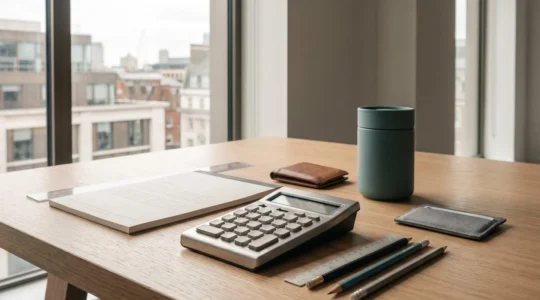 Student budgeting essentials arranged on desk with calculator and financial planning documents in natural lighting