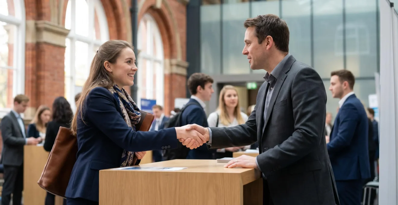 Professional graduate students engaging with recruiters at a bustling UK careers fair, showcasing confident networking and meaningful connections