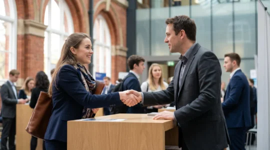 Professional graduate students engaging with recruiters at a bustling UK careers fair, showcasing confident networking and meaningful connections