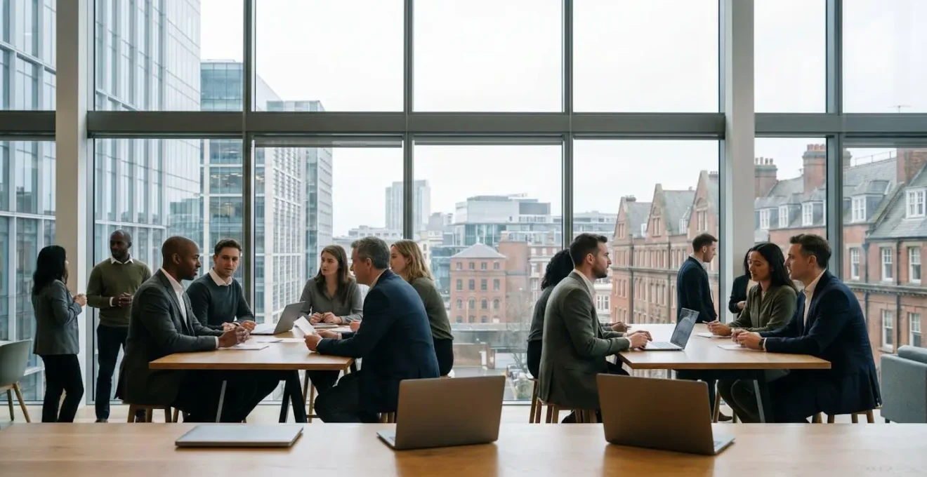 Professional workers collaborating in modern UK workspace during economic uncertainty
