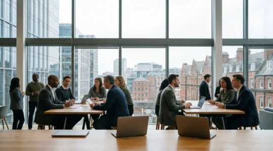 Professional workers collaborating in modern UK workspace during economic uncertainty