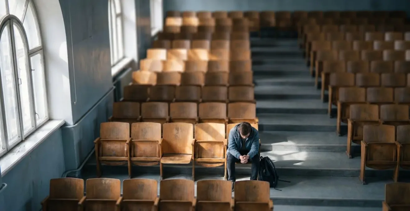 A concerned student sitting alone in a vast university lecture hall, symbolizing isolation and lack of support