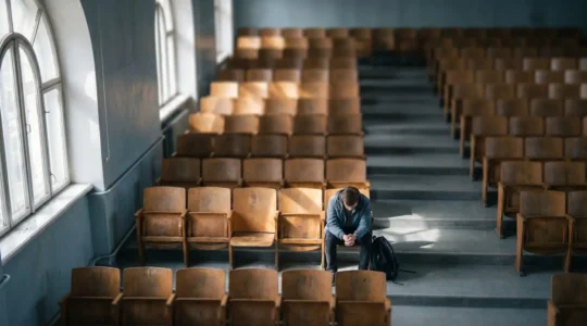 A concerned student sitting alone in a vast university lecture hall, symbolizing isolation and lack of support