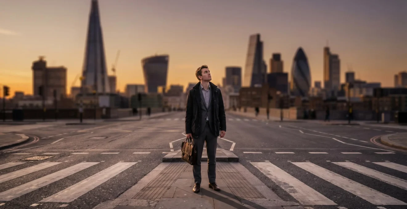 Young professional standing at urban crossroads with corporate buildings in background, contemplating career choices