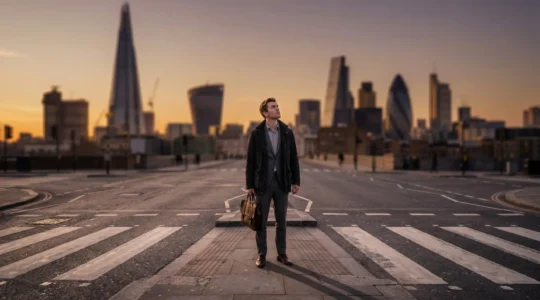 Young professional standing at urban crossroads with corporate buildings in background, contemplating career choices